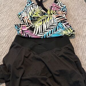 Tropical Print Swim Top with Black Skirted Bottom